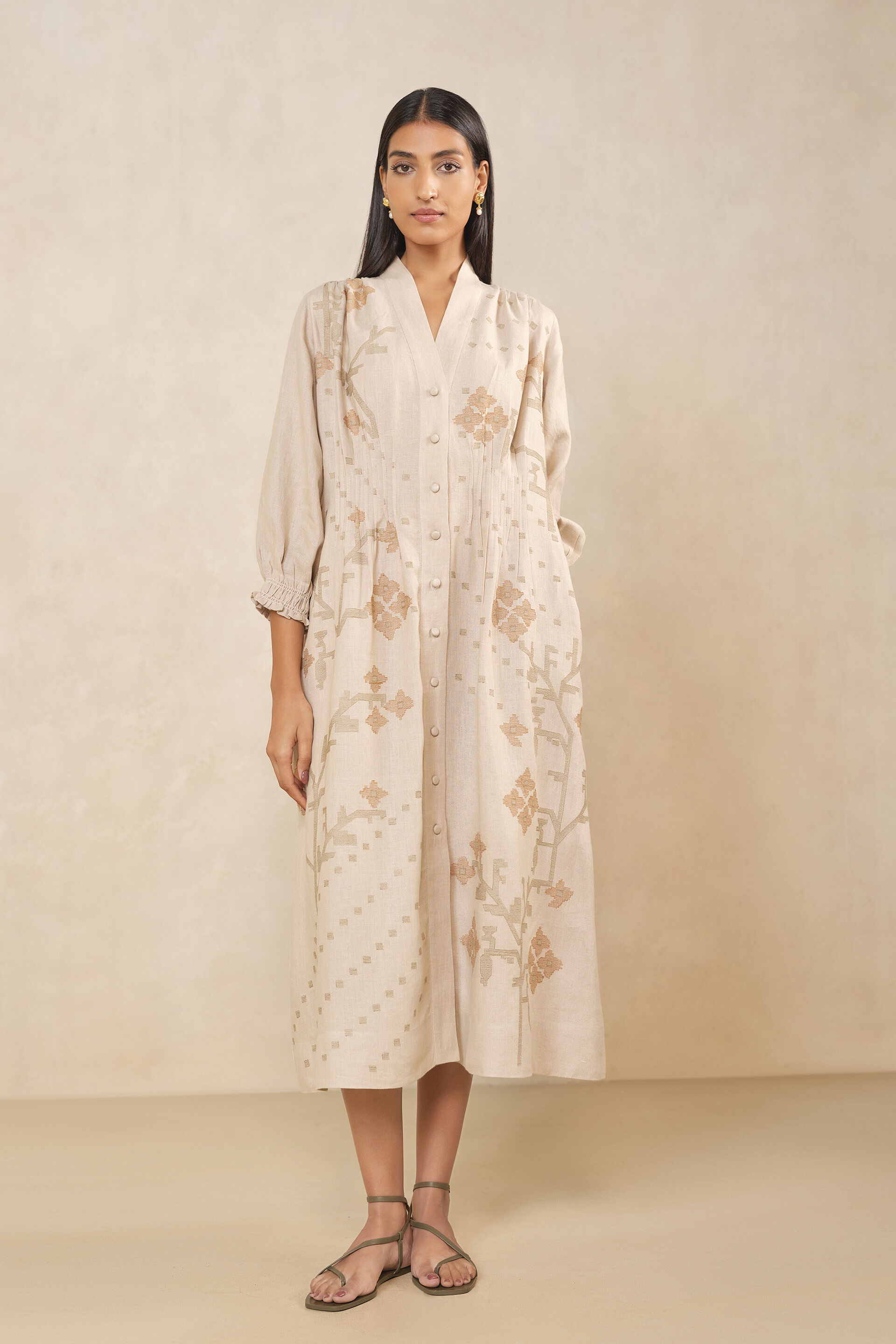 Haiku Embroidered Hemp Dress - Beige